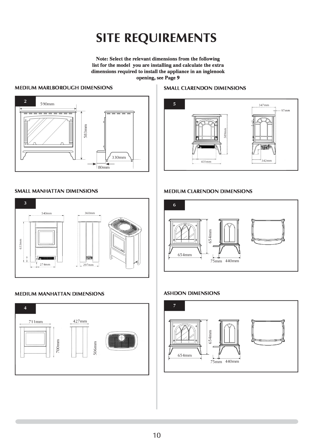 Stovax Electric Stove Range manual Site Requirements, Medium Marlborough Dimensions, Small Manhattan Dimensions 