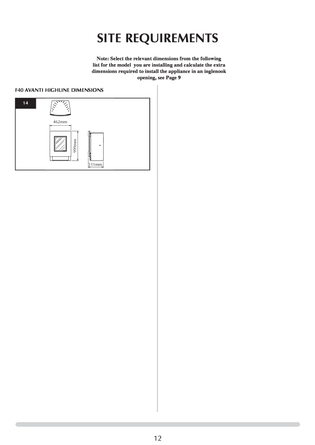 Stovax Electric Stove Range manual Site Requirements, F40 AVANTI HIGHLINE DIMENSIONS, 462mm 999mm 331mm 