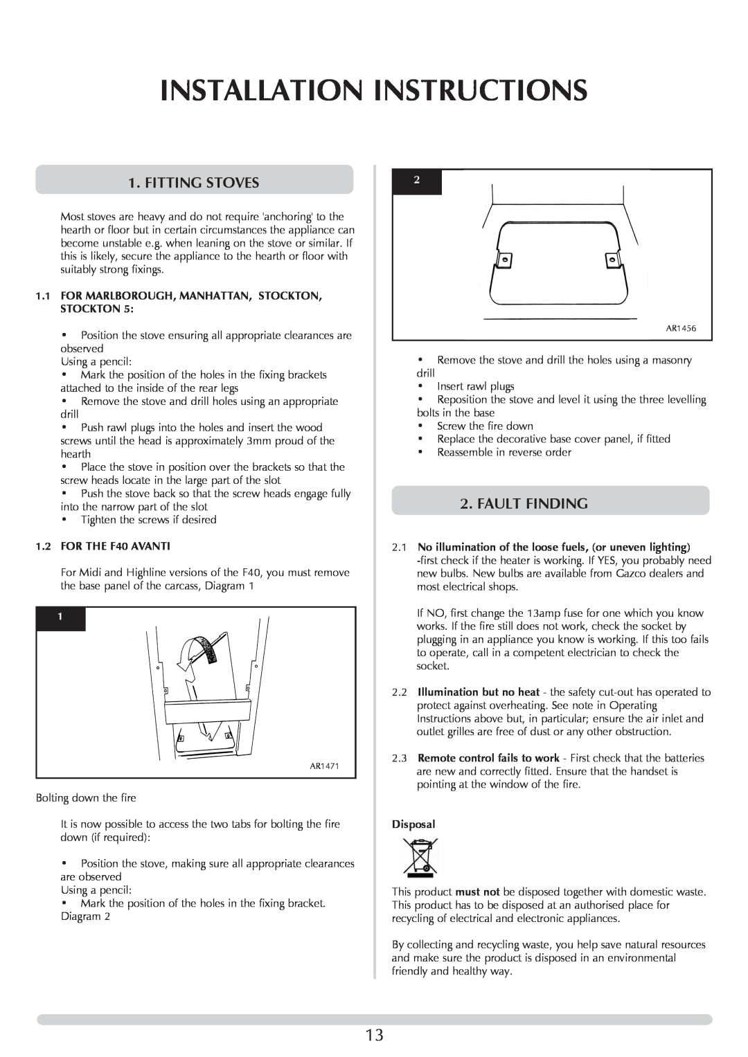 Stovax Electric Stove Range Installation Instructions, Fitting Stoves, Fault Finding, 1.2FOR THE F40 AVANTI, Disposal 