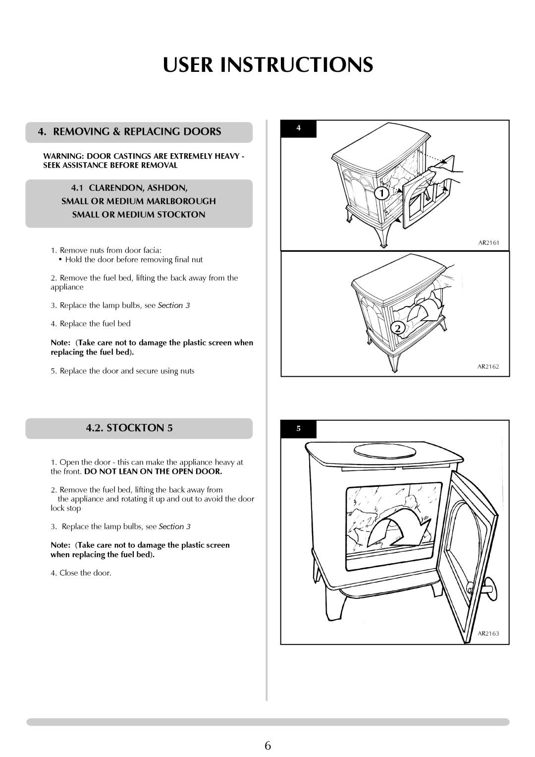 Stovax Electric Stove Range manual User Instructions, Removing & Replacing Doors, stockton, Small Or Medium Stockton 