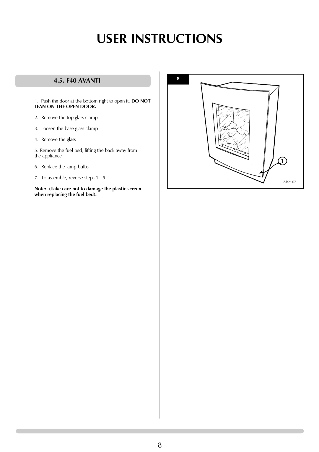 Stovax Electric Stove Range manual User Instructions, 4.5.F40 AVANTI, Lean On The Open Door, AR2167 