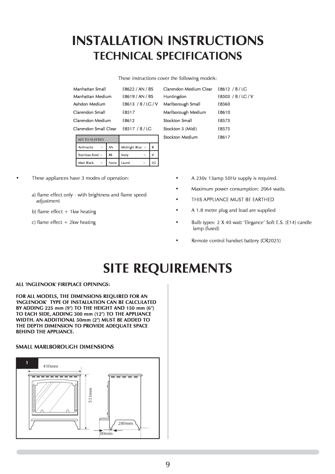 Stovax Electric Stove Range manual Installation Instructions, Site Requirements, Technical Specifications 