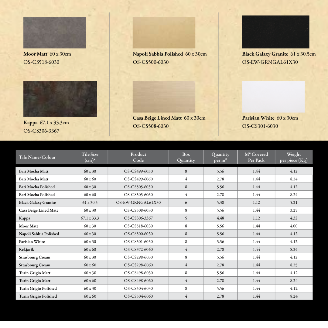 Stovax Exclusive Fireplace manual Tile Name/Colour, Tile Size cm, Product Code, Box Quantity, Quantity per m² 