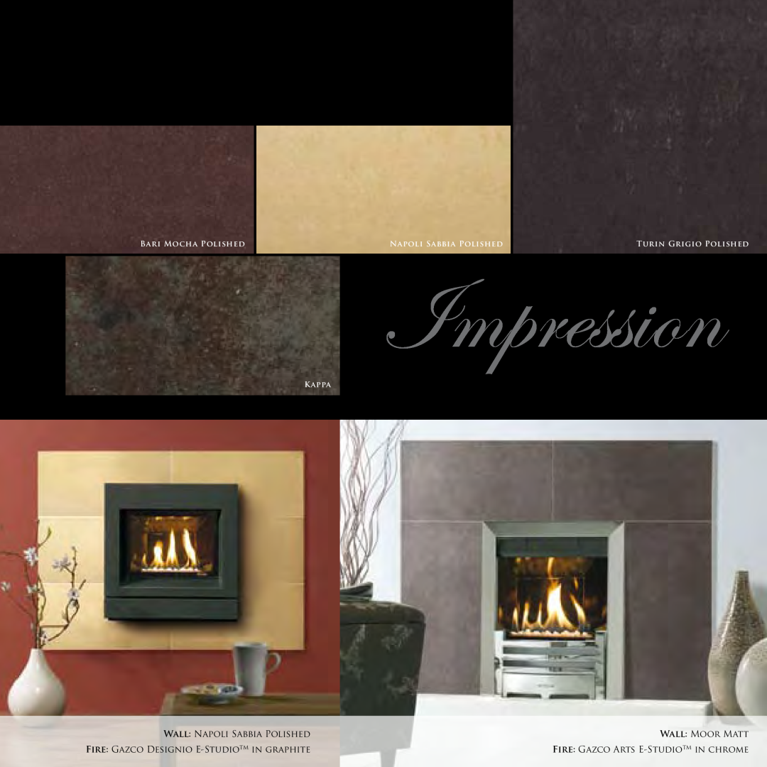 Stovax Exclusive Fireplace Impression, Design Your Own, Wall Napoli Sabbia Polished, Wall Moor Matt, Bari Mocha Polished 