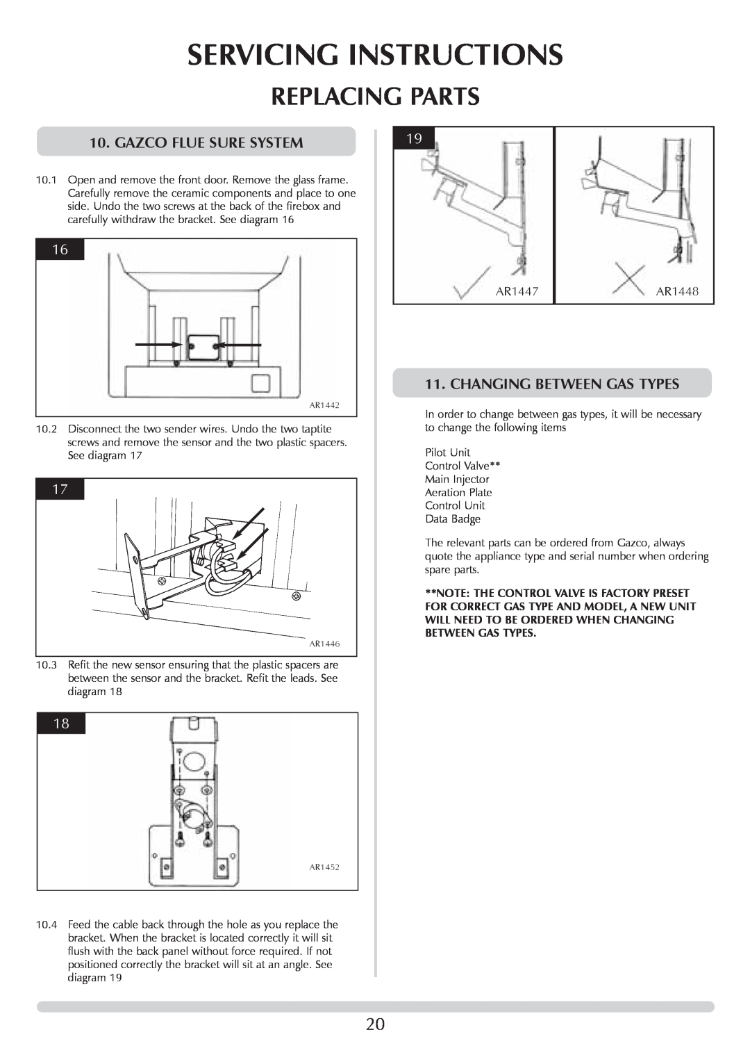 Stovax F40 manual Gazco Flue Sure System, Changing Between Gas Types, Servicing Instructions, Replacing Parts, AR1447 
