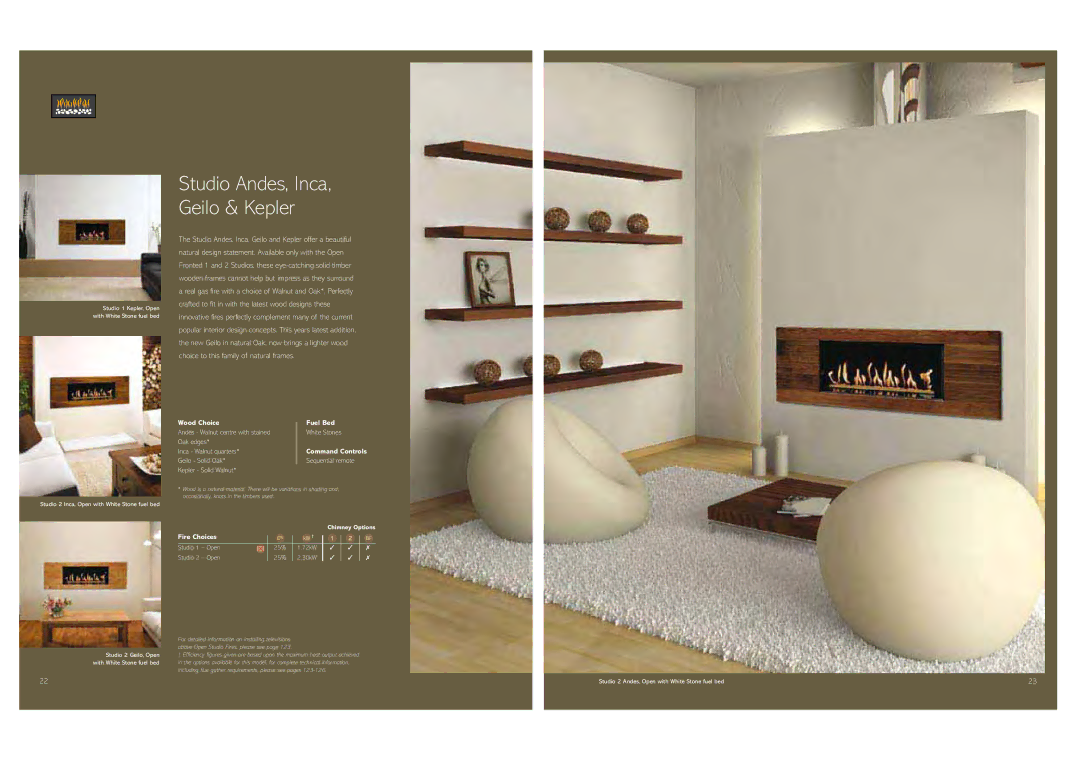 Stovax Gas and Electric Fires brochure Andes Walnut centre with stained Oak edges, White Stones 