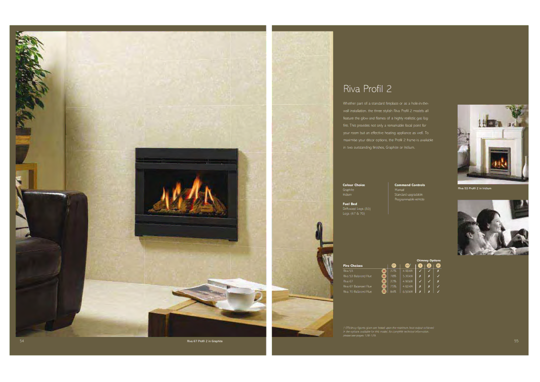 Stovax Gas and Electric Fires brochure Riva Profil, Driftwood Logs 53 Logs 67, Standard upgradable Programmable remote 