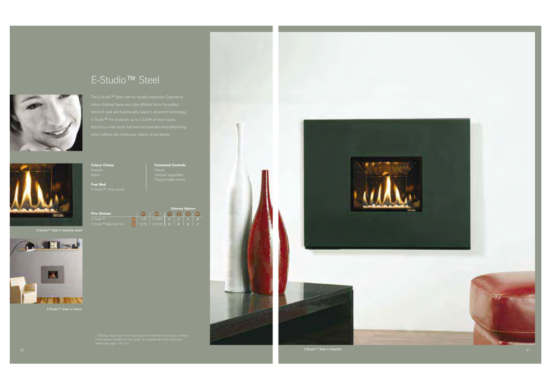Stovax Gas and Electric Fires brochure E-StudioSteel, Colour Choice, Fuel Bed, Command Controls, Fire Choices 