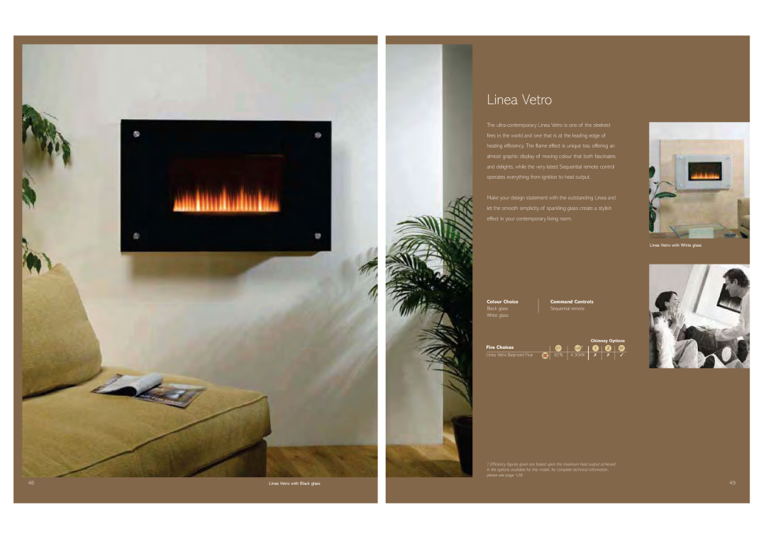 Stovax Gas and Electric Fires brochure Linea Vetro, Colour Choice, Command Controls, Fire Choices, Chimney Options, kW † 