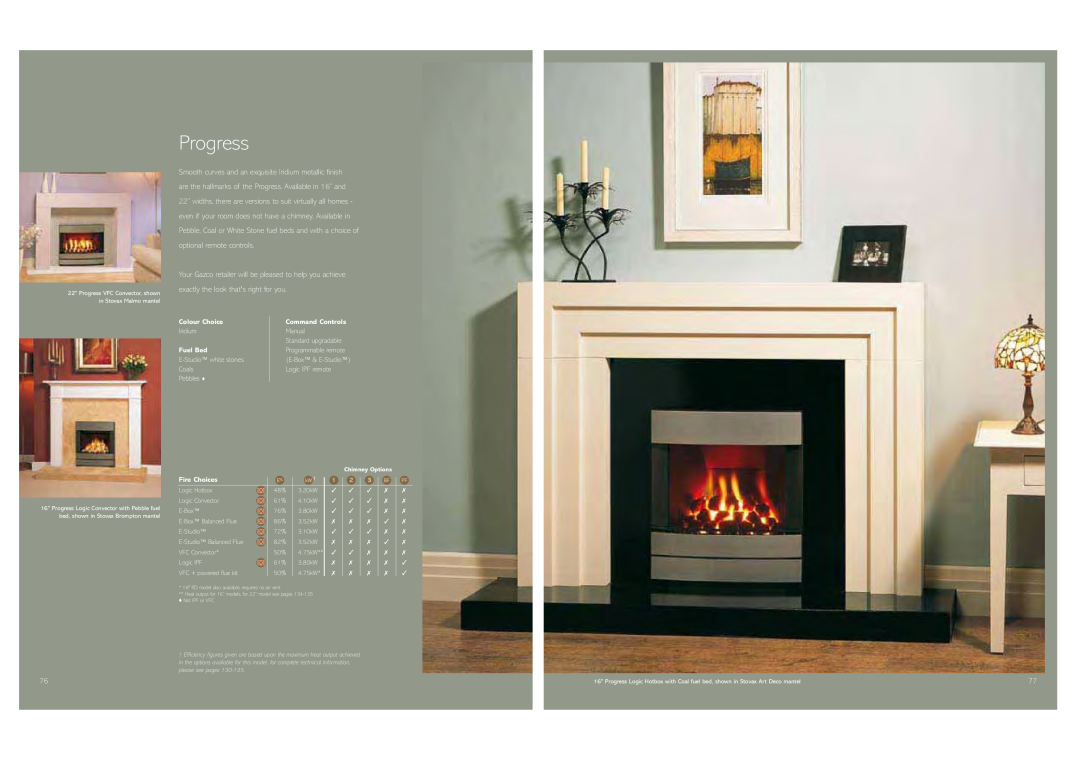 Stovax Gas and Electric Fires brochure Progress, Colour Choice, Fuel Bed, Command Controls, Fire Choices 