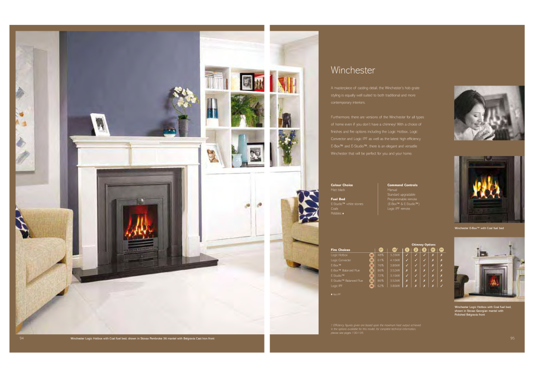 Stovax Gas and Electric Fires brochure Winchester, Colour Choice, Fuel Bed, Command Controls, Fire Choices 