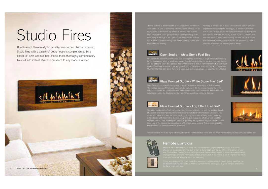Stovax Gas and Electric Fires brochure Studio Fires, Remote Controls, Open Studio - White Stone Fuel Bed 