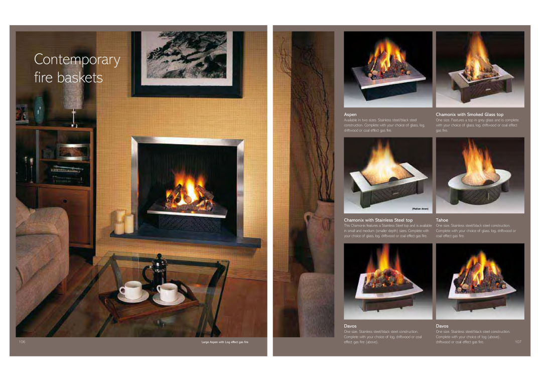 Stovax Gas and Electric Fires brochure Contemporary fire baskets, Aspen, Chamonix with Smoked Glass top, Davos, Tahoe 