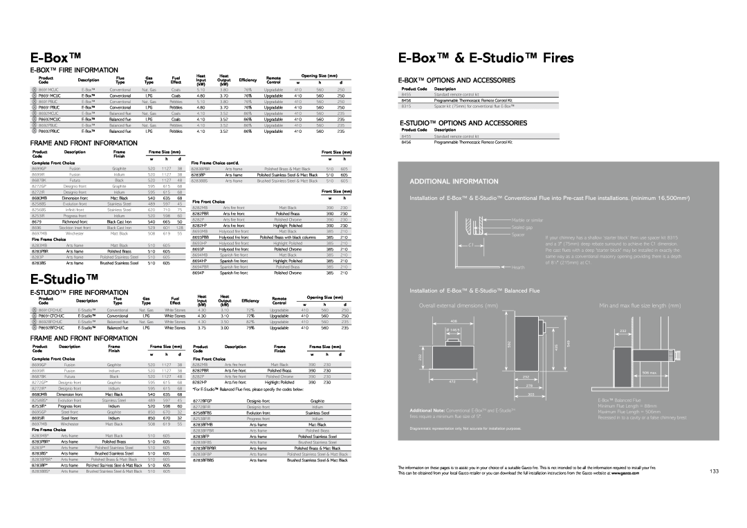 Stovax Gas and Electric Fires brochure E-Box& E-StudioFires, E-Boxfire Information, E-Boxoptions And Accessories 
