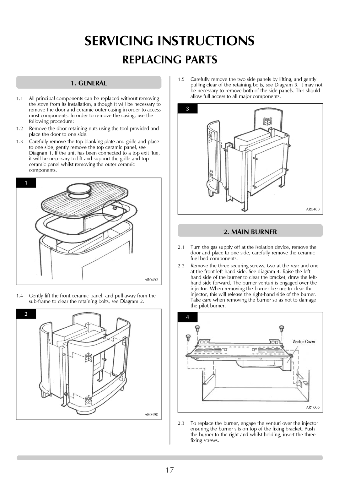 Stovax Gazco Ceremica Log Effect Stove Range manual Replacing Parts, Main Burner 