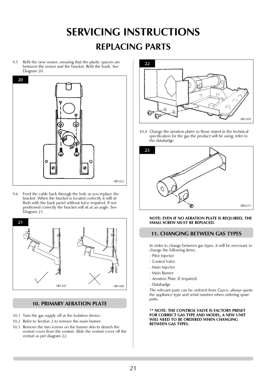 Stovax Gazco Ceremica Log Effect Stove Range manual Primary Aeration Plate, Changing Between GAS Types 