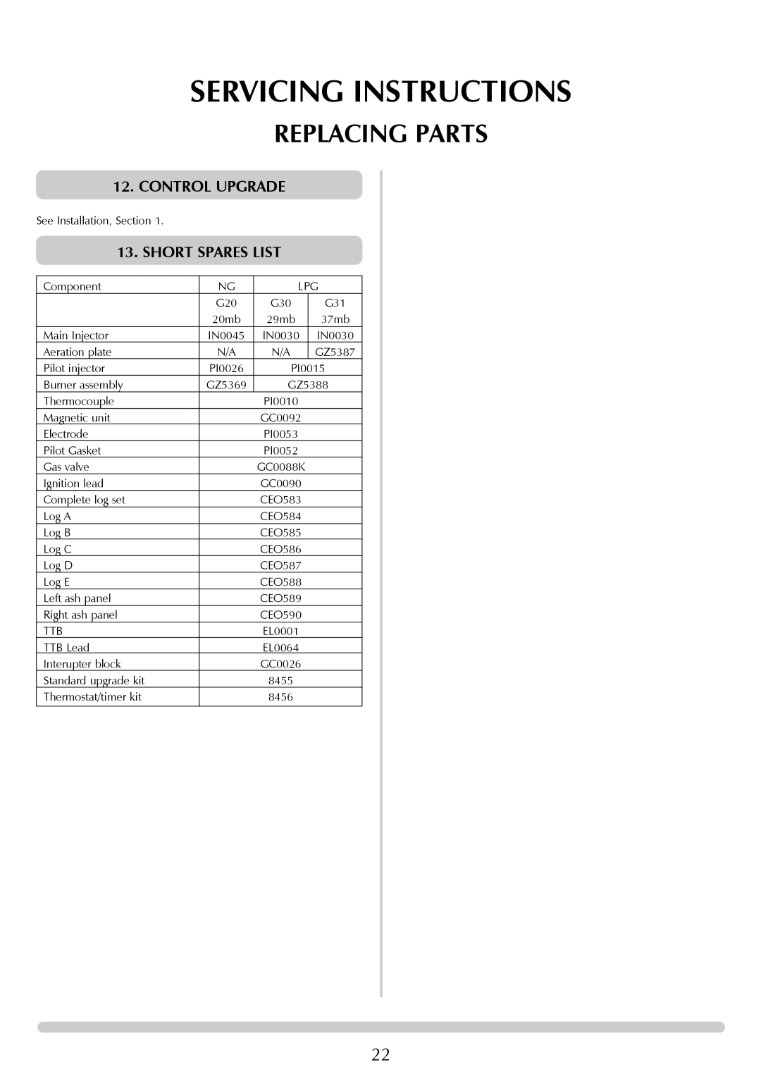 Stovax Gazco Ceremica Log Effect Stove Range manual Short Spares List, Lpg, Ttb 