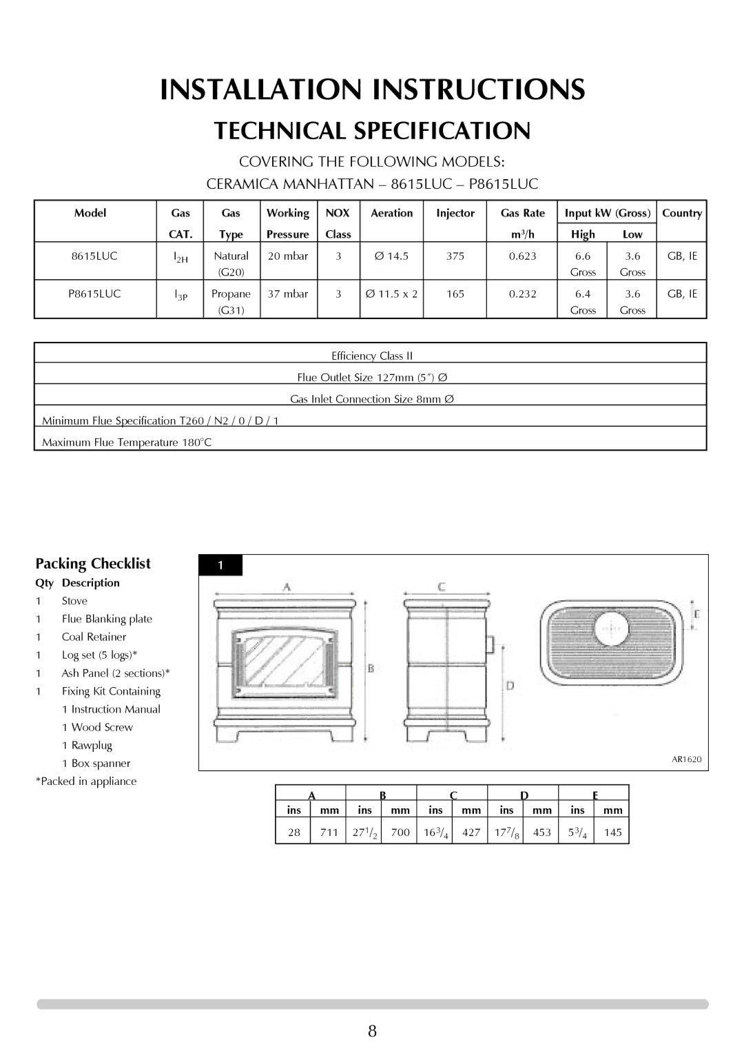 Stovax Gazco Ceremica Log Effect Stove Range manual Installation Instructions, Technical Specification 