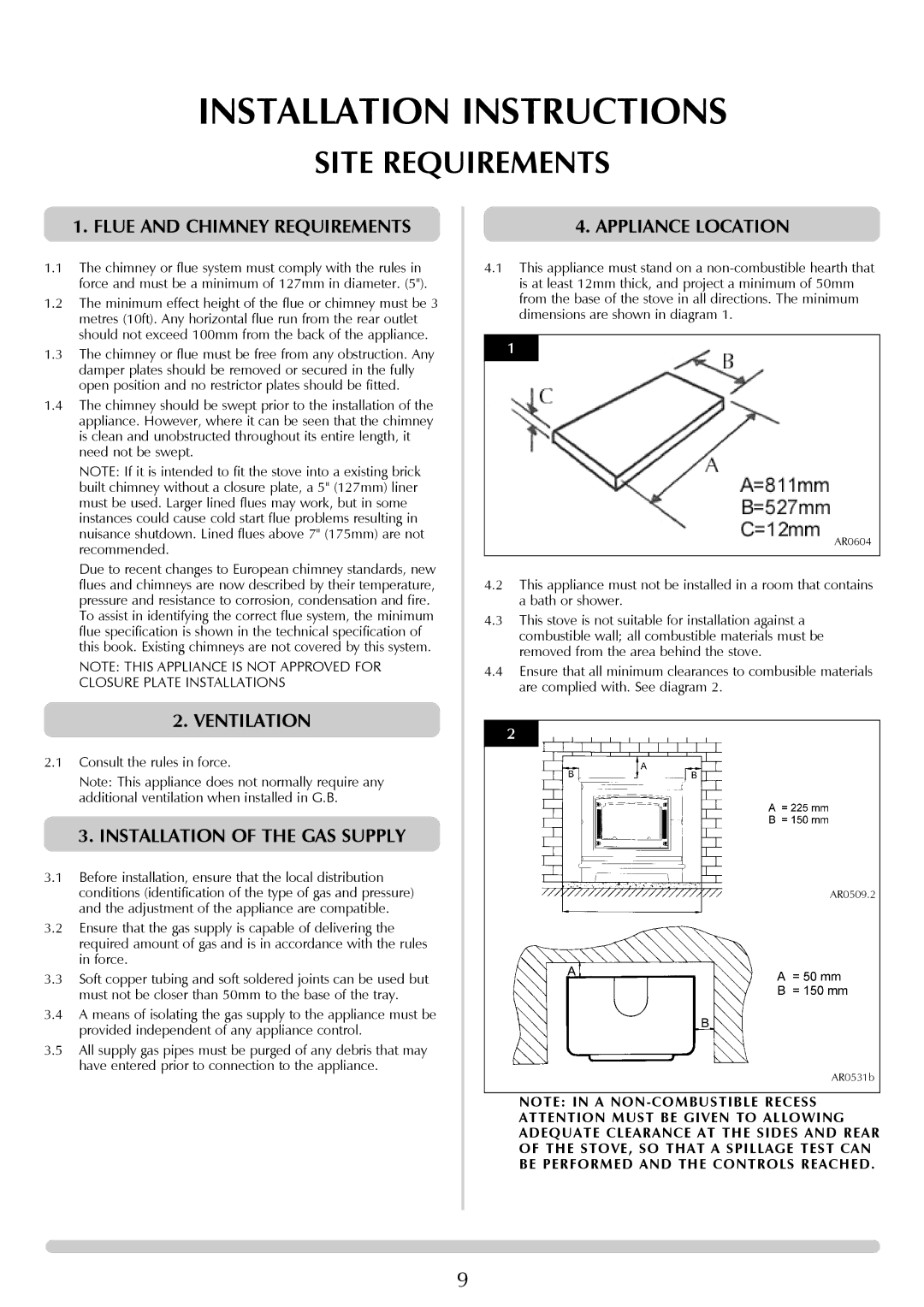 Stovax Gazco Ceremica Log Effect Stove Range manual Site Requirements, Flue and Chimney Requirements, Appliance Location 