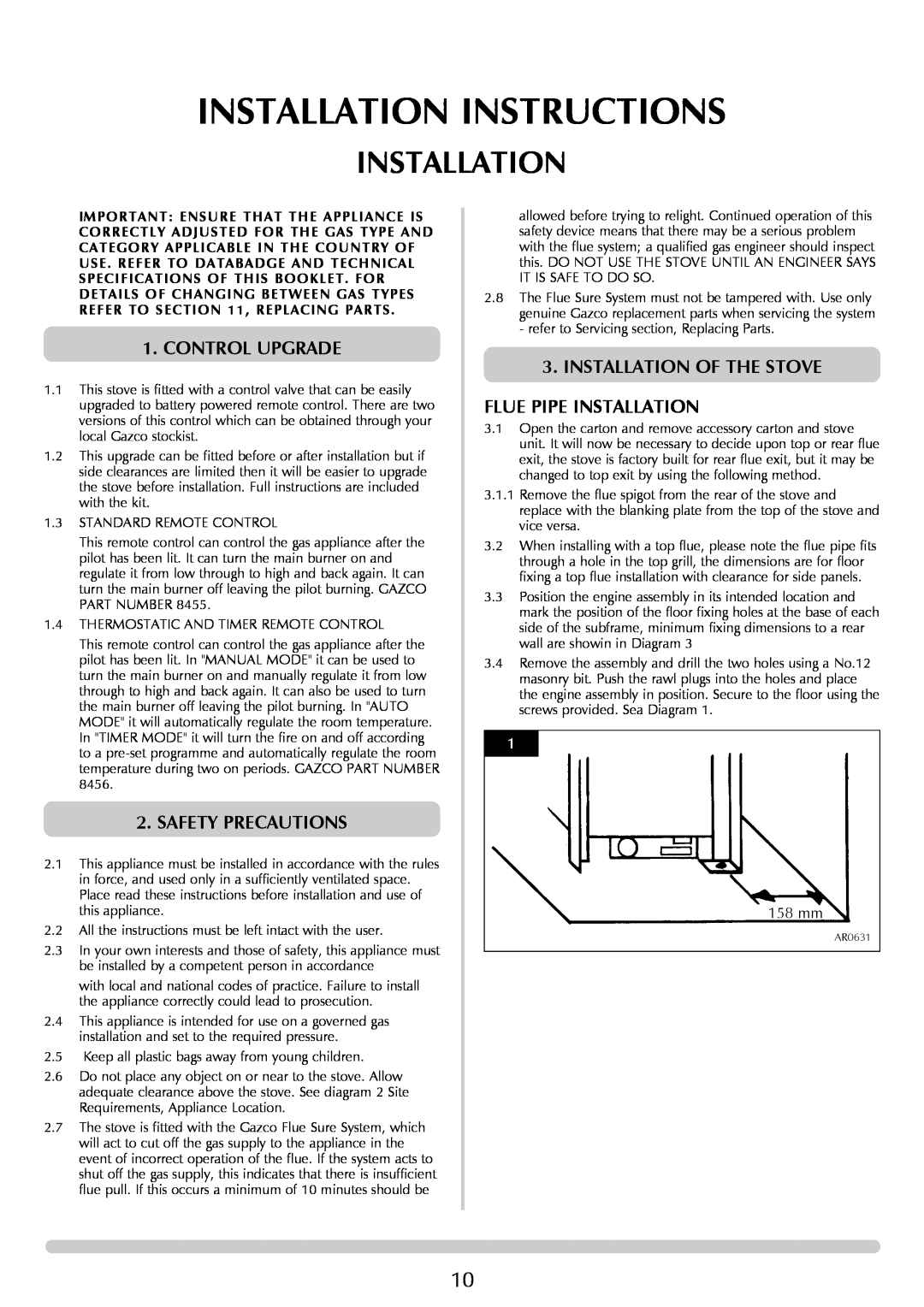 Stovax Gazco Ceremica Log Effect Stove Range manual Installation Instructions, Control Upgrade, Safety Precautions 