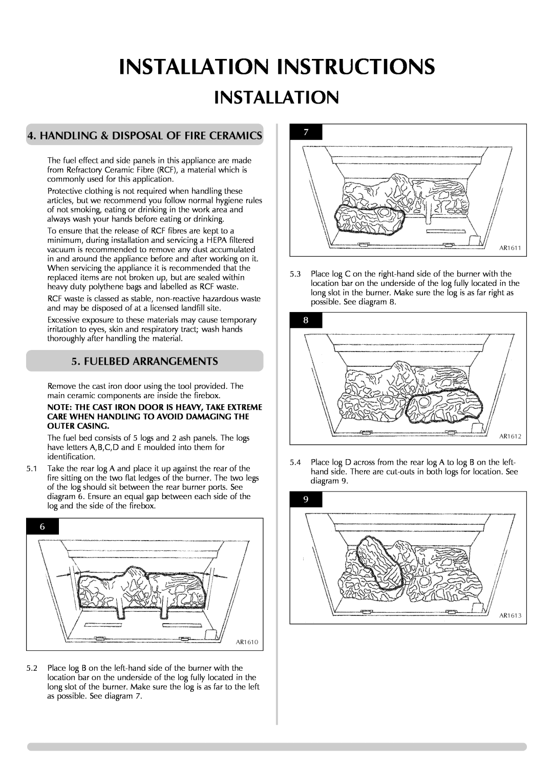 Stovax Gazco Ceremica Log Effect Stove Range manual Installation Instructions, Handling & Disposal Of Fire Ceramics, AR1610 