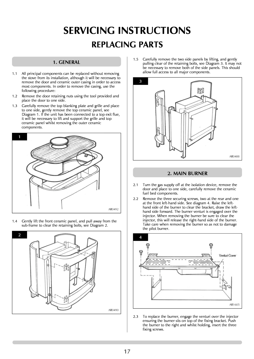 Stovax Gazco Ceremica Log Effect Stove Range manual Replacing Parts, Servicing Instructions, General, Main Burner 