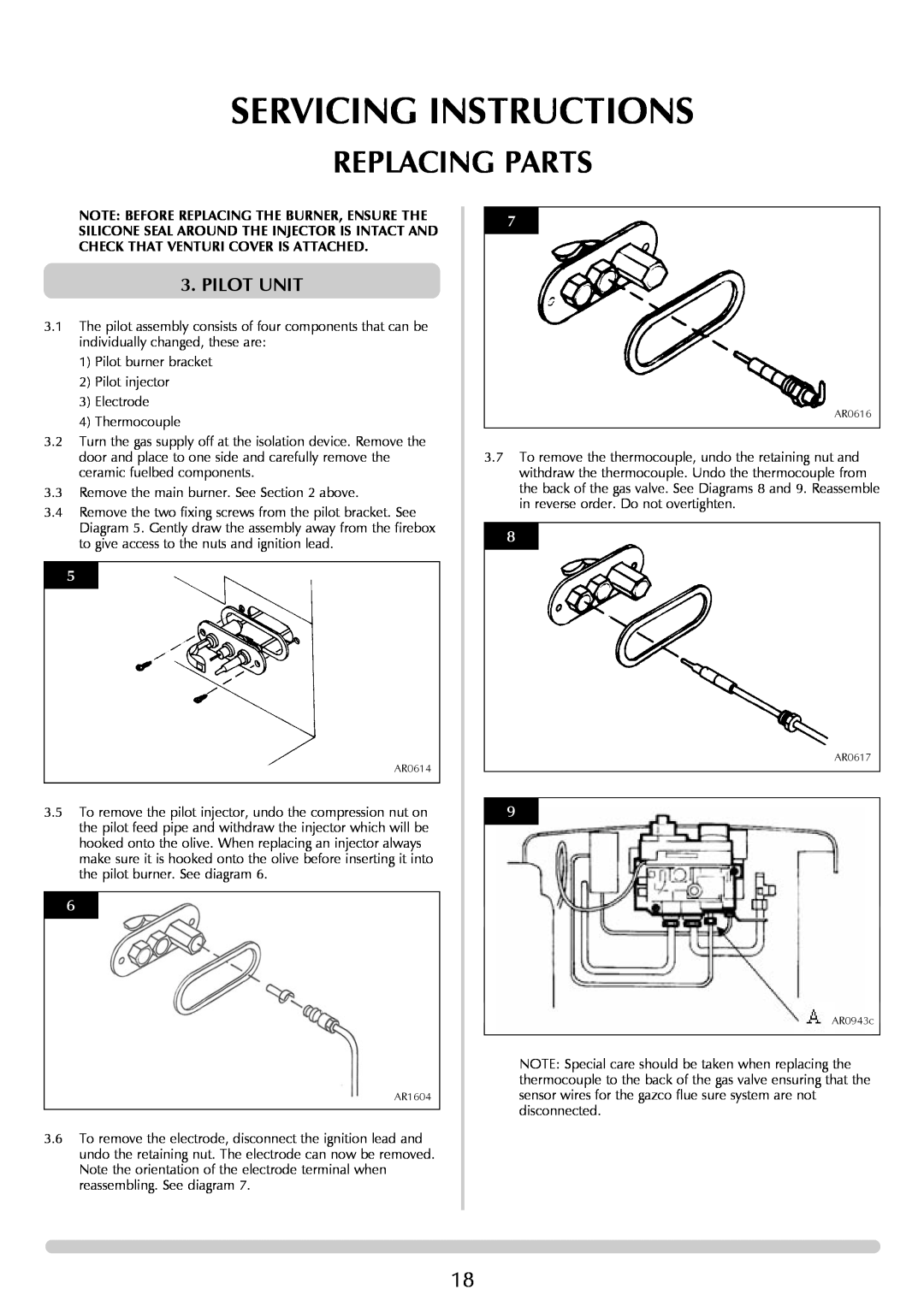 Stovax Gazco Ceremica Log Effect Stove Range manual Servicing Instructions, Replacing Parts, Pilot Unit 
