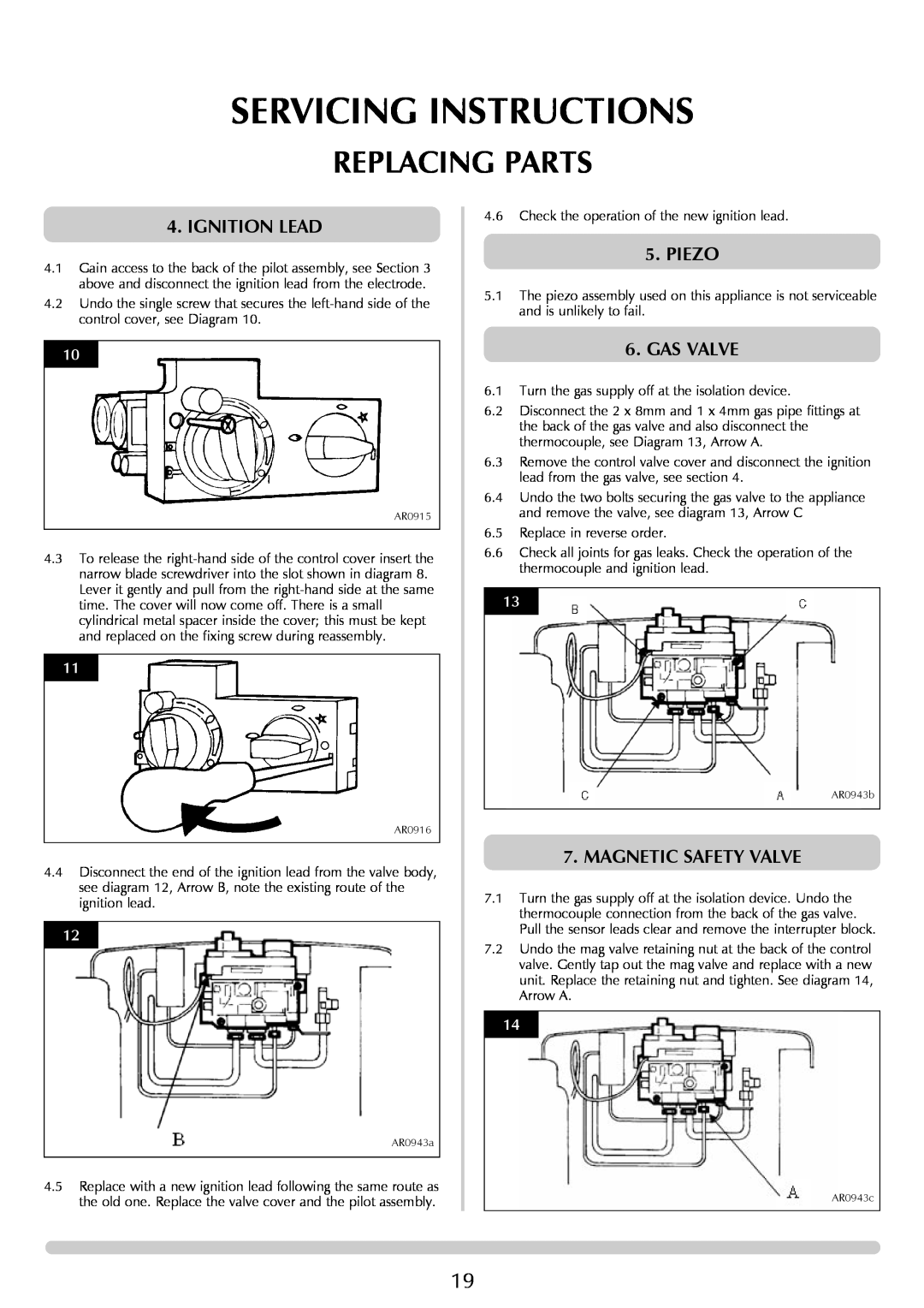Stovax Gazco Ceremica Log Effect Stove Range Servicing Instructions, Replacing Parts, Ignition Lead, Piezo, Gas Valve 