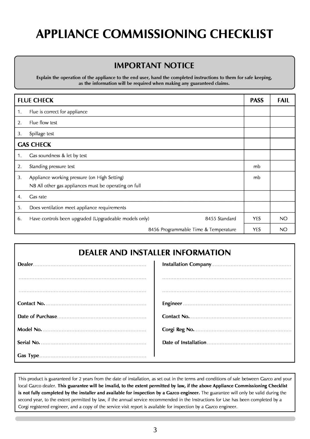 Stovax Gazco Ceremica Log Effect Stove Range Appliance Commissioning Checklist, Important Notice, Flue Check, Pass, Fail 