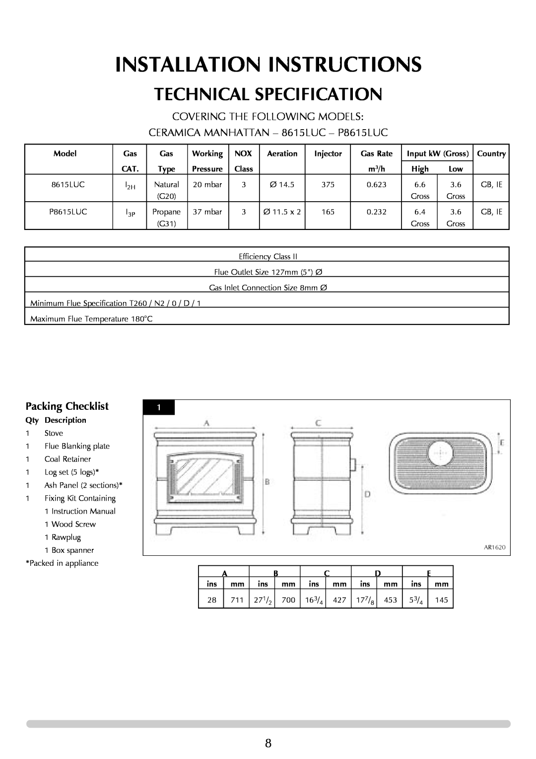 Stovax Gazco Ceremica Log Effect Stove Range manual Installation Instructions, Technical Specification, Packing Checklist 