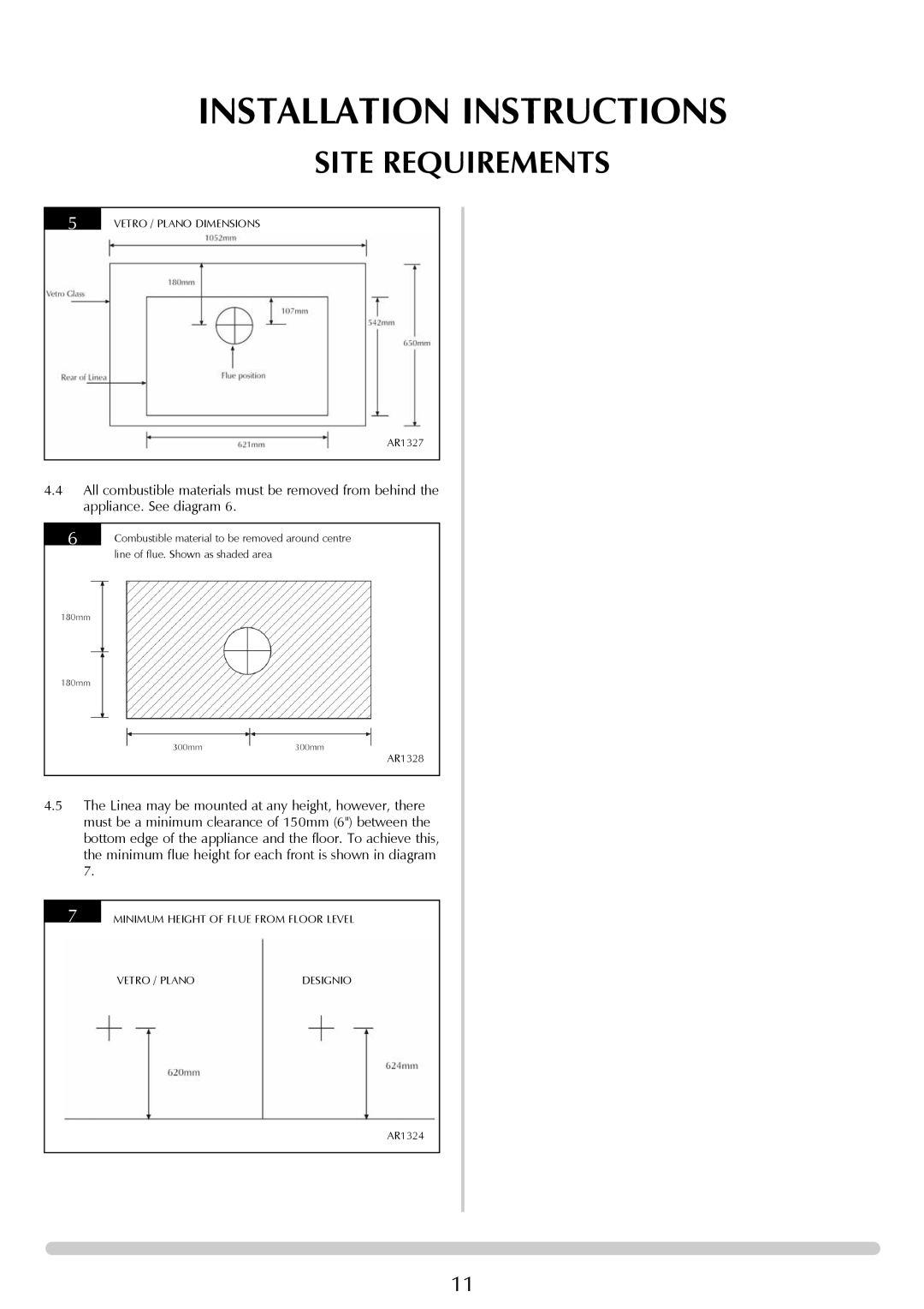 Stovax GAZCO Linea Balanced Flue Convector Fire manual Minimum Height of Flue from Floor Level Vetro / Plano 