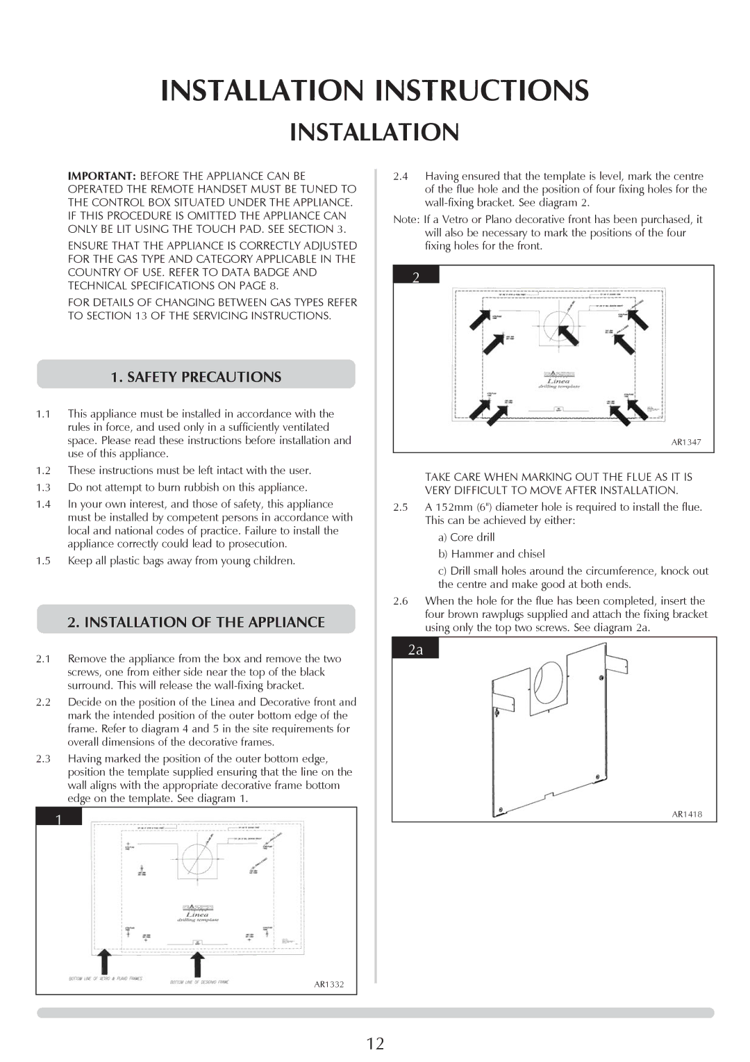 Stovax GAZCO Linea Balanced Flue Convector Fire manual Safety Precautions, Installation of the Appliance 