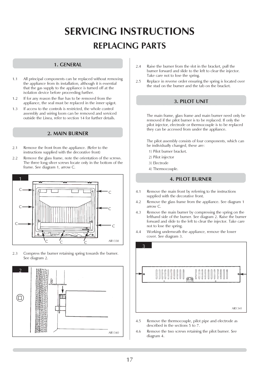 Stovax GAZCO Linea Balanced Flue Convector Fire manual Replacing Parts, Main Burner, Pilot Unit, Pilot Burner 