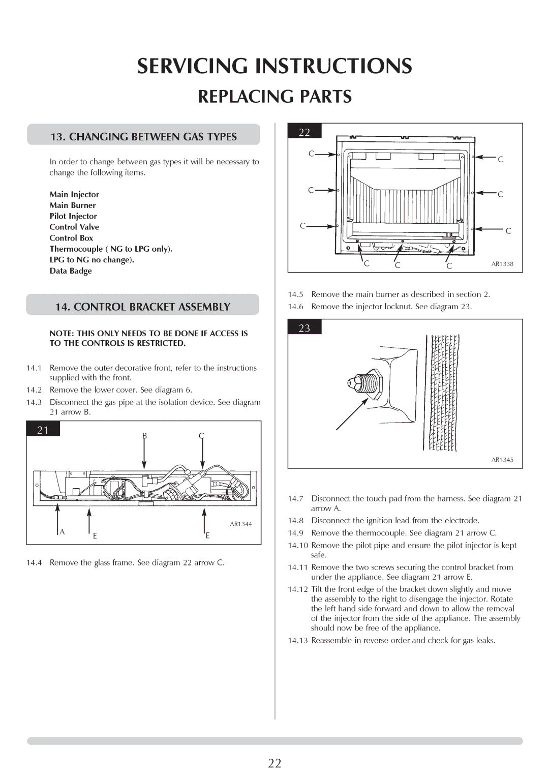 Stovax GAZCO Linea Balanced Flue Convector Fire manual Changing Between GAS Types, Control Bracket Assembly 