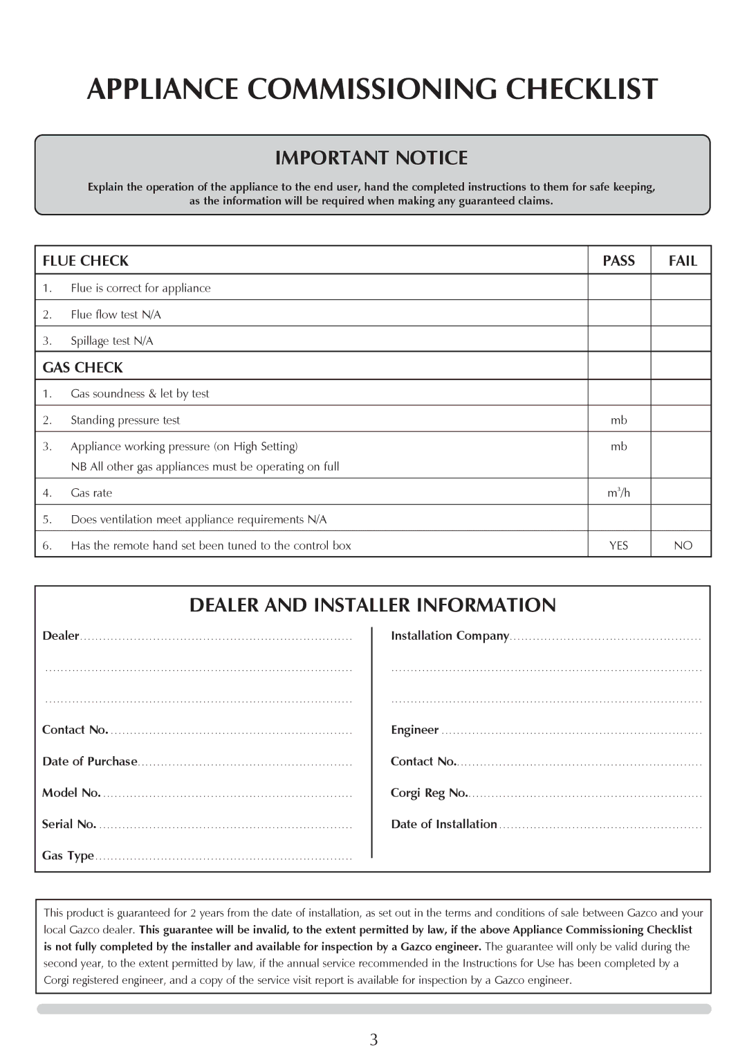 Stovax GAZCO Linea Balanced Flue Convector Fire manual Appliance Commissioning Checklist, Flue Check Pass Fail, GAS Check 