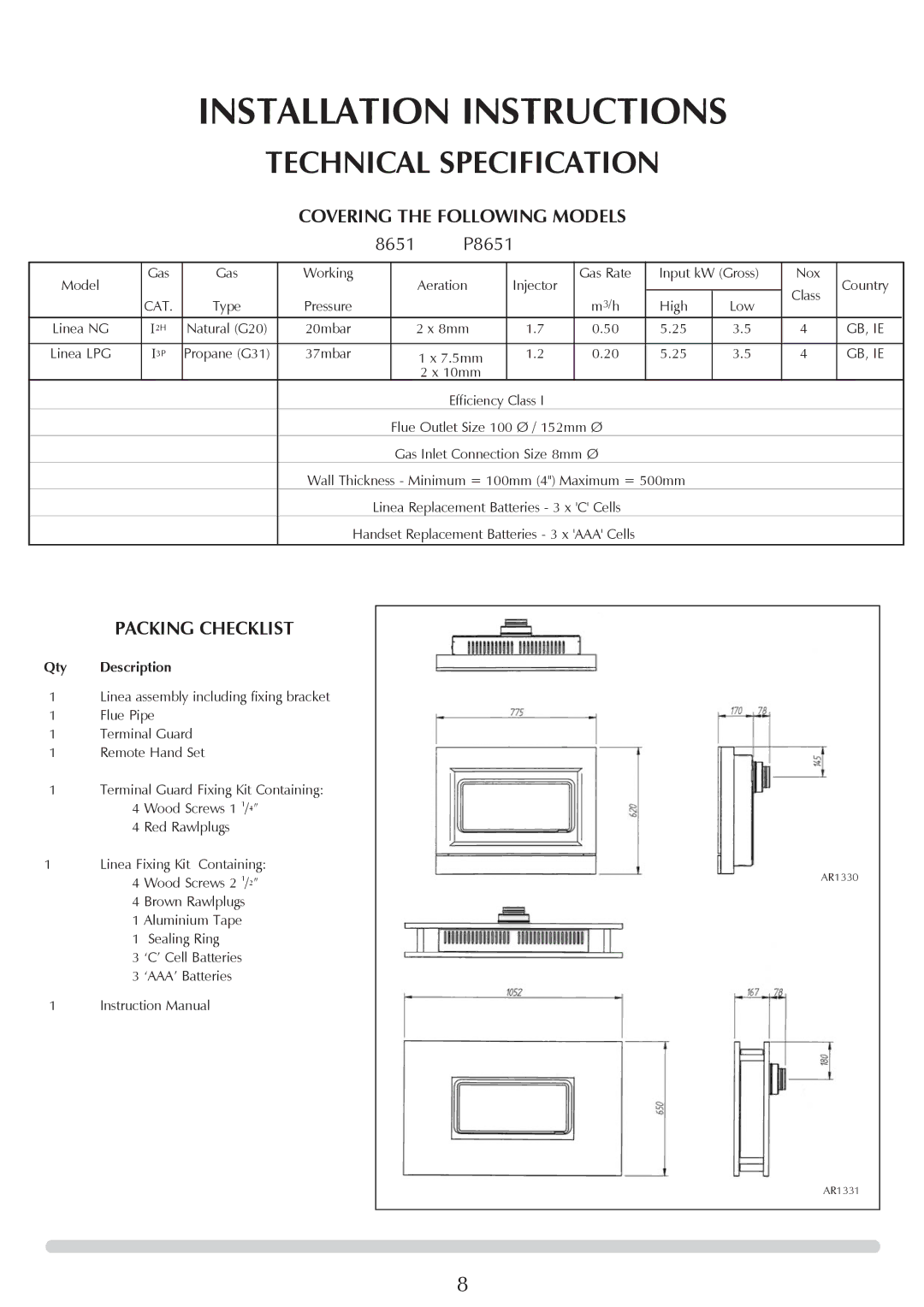 Stovax GAZCO Linea Balanced Flue Convector Fire Installation Instructions, Technical Specification, Packing Checklist 