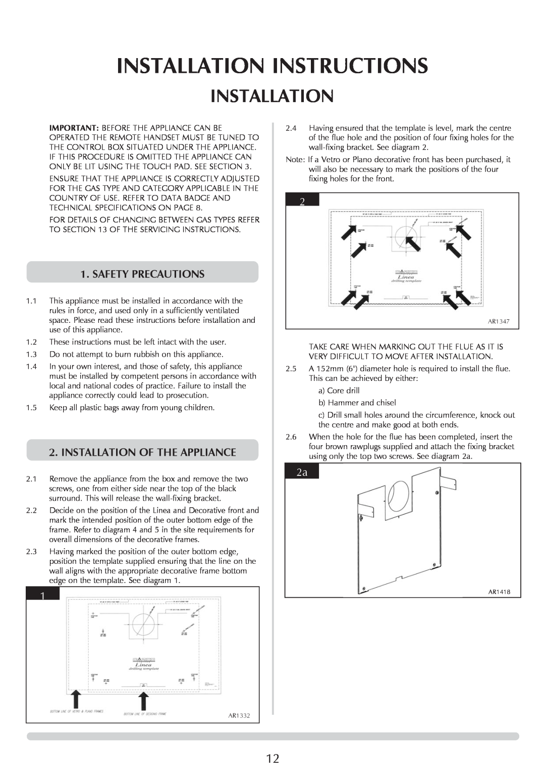 Stovax GAZCO Linea Balanced Flue Convector Fire manual Safety Precautions, Installation Of The Appliance 
