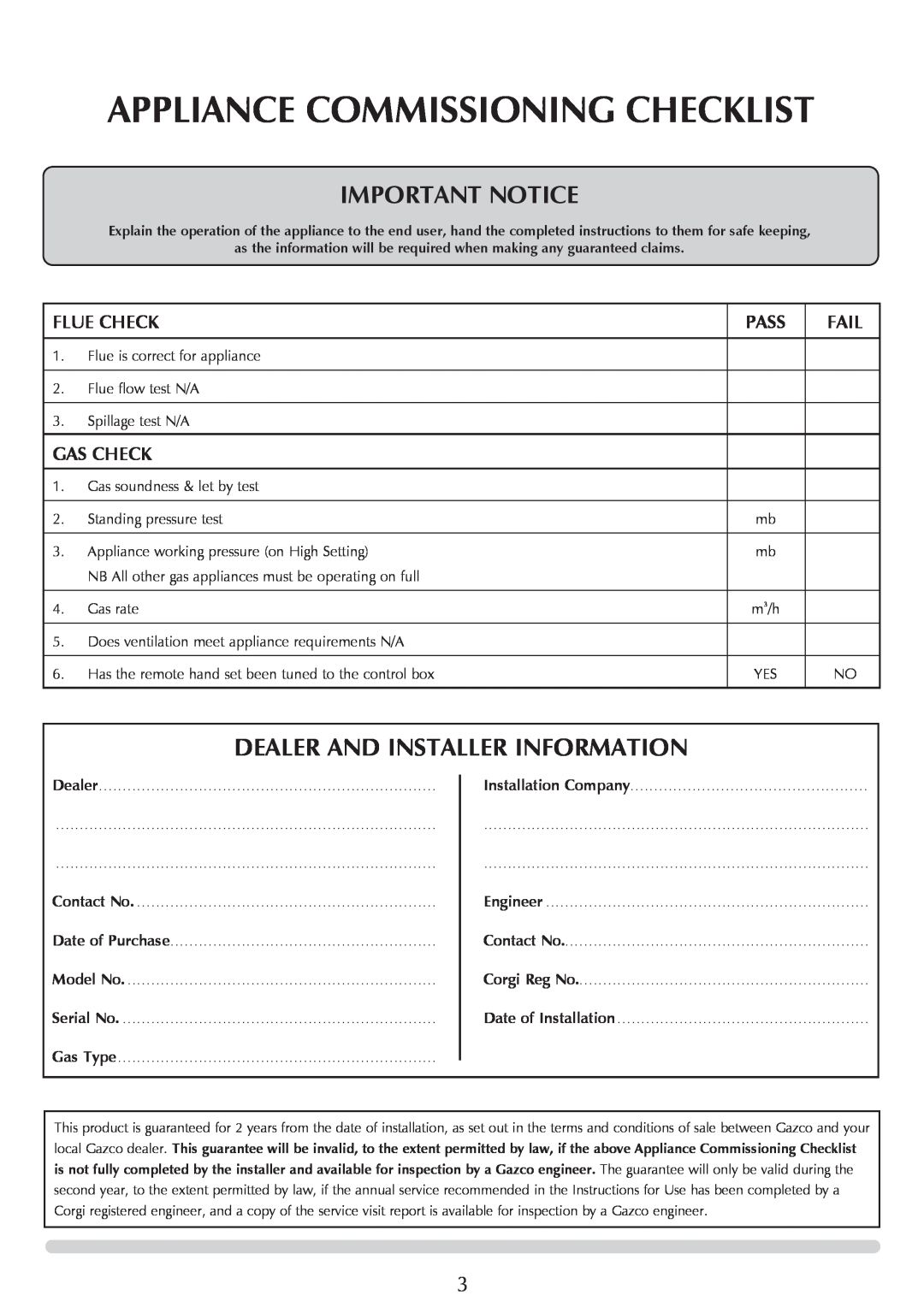 Stovax GAZCO Linea Balanced Flue Convector Fire manual Appliance Commissioning Checklist, Flue Check, Pass, Fail, Gas Check 