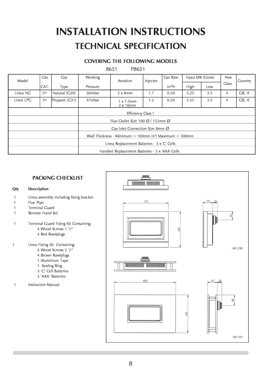 Stovax GAZCO Linea Balanced Flue Convector Fire manual Installation Instructions, Technical Specification, P8651 