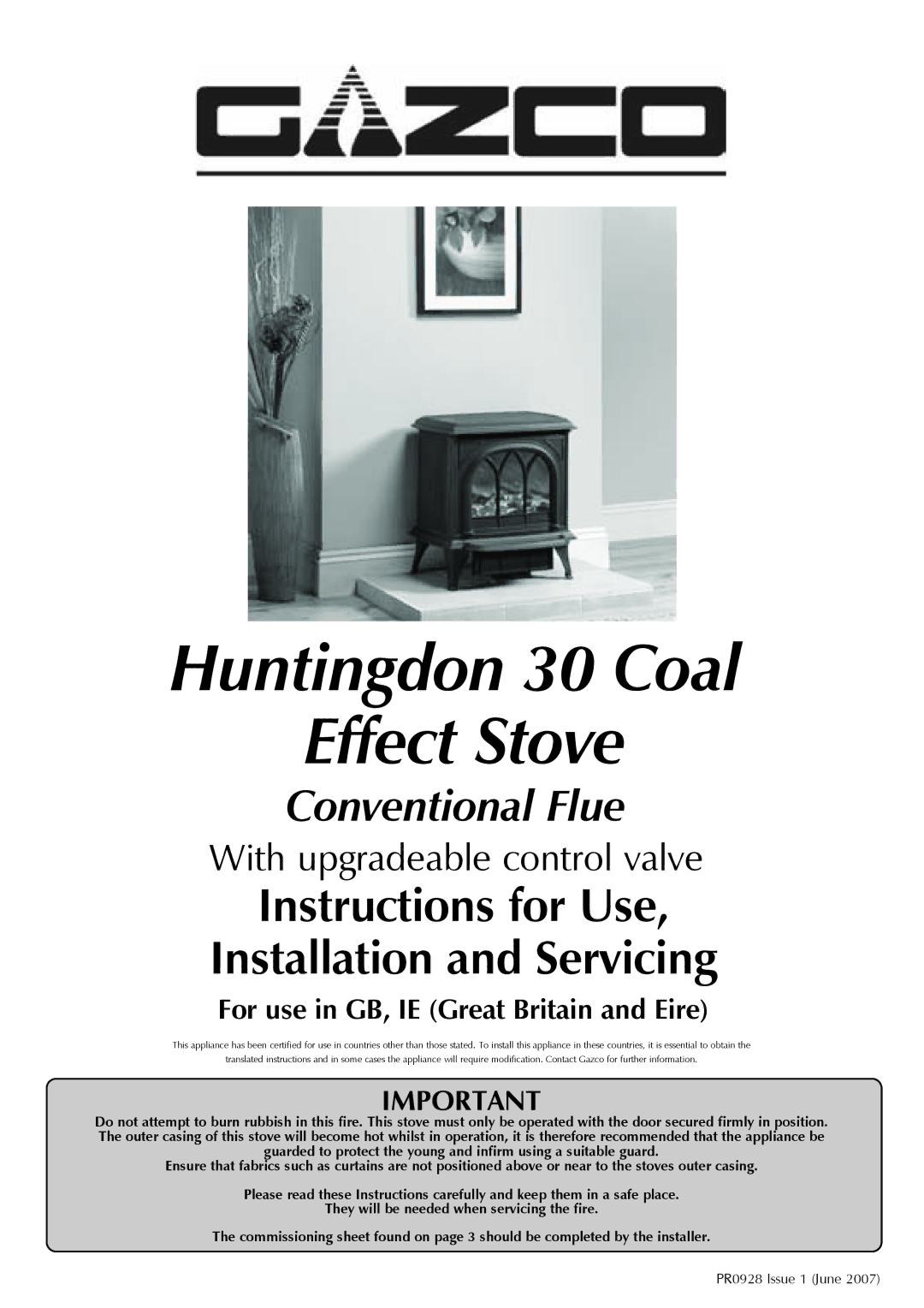 Stovax manual Huntingdon 30 Coal Effect Stove 