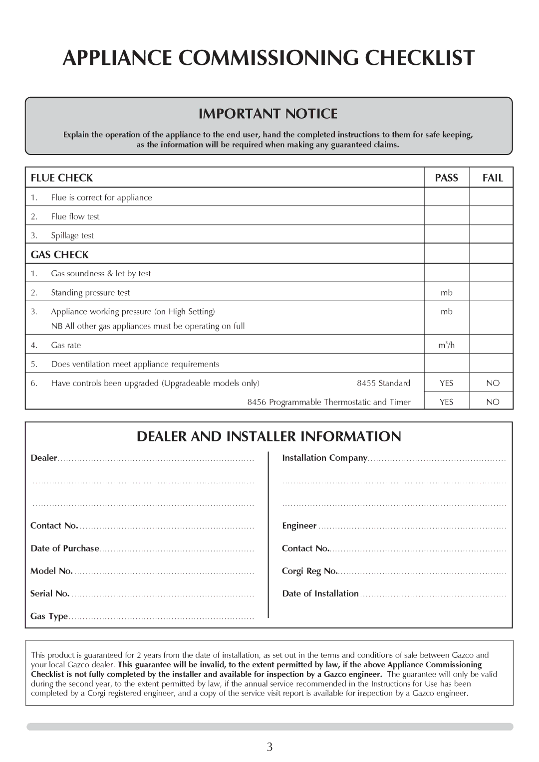 Stovax Huntingdon 30 manual Appliance Commissioning Checklist, Flue Check Pass Fail, GAS Check 