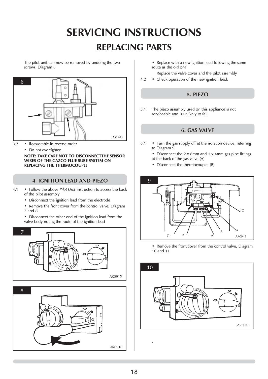 Stovax Huntingdon 30 manual Servicing Instructions, Replacing Parts, Ignition Lead And Piezo, Gas Valve 