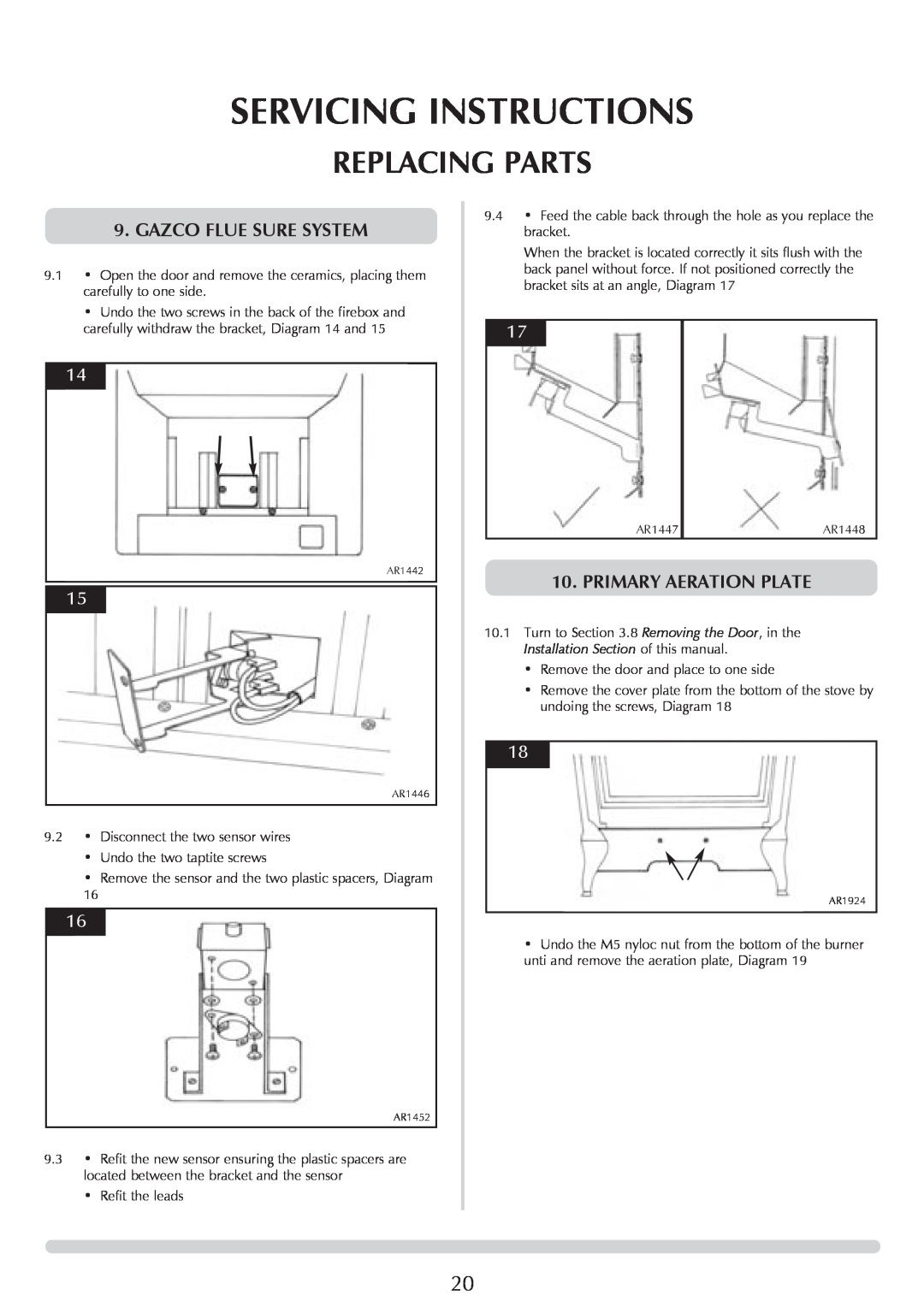 Stovax Huntingdon 30 manual Servicing Instructions, Replacing Parts, Gazco Flue Sure System, Primary Aeration Plate 