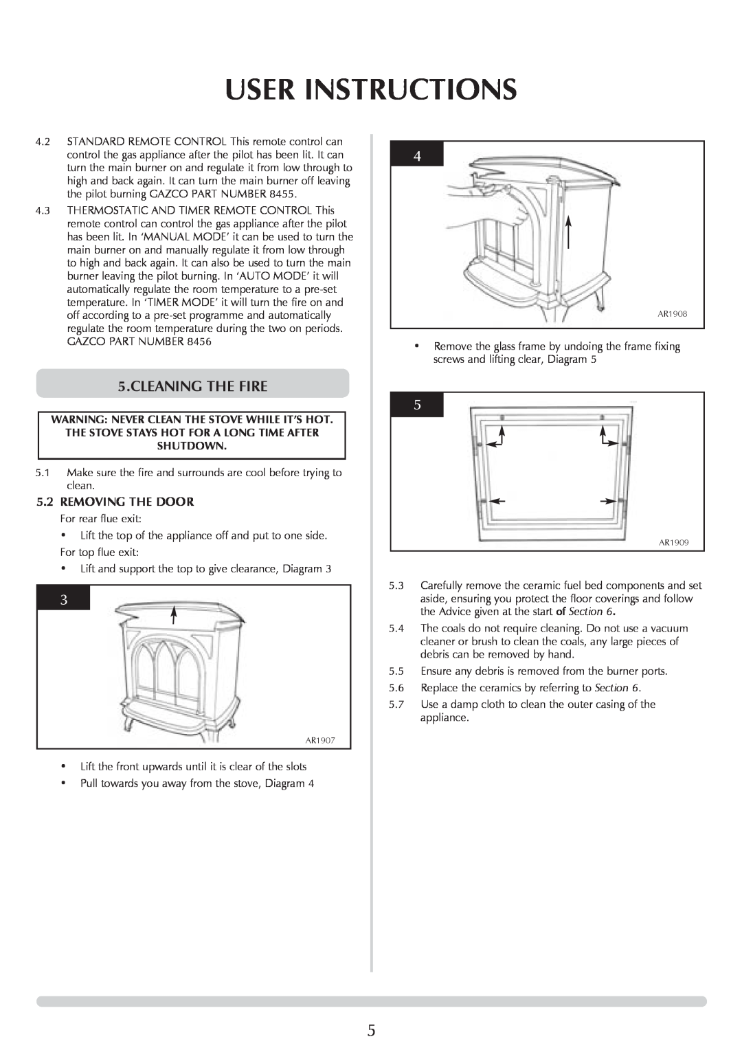 Stovax Huntingdon 30 manual User Instructions, Cleaning The Fire, 5.2REMOVING THE DOOR 