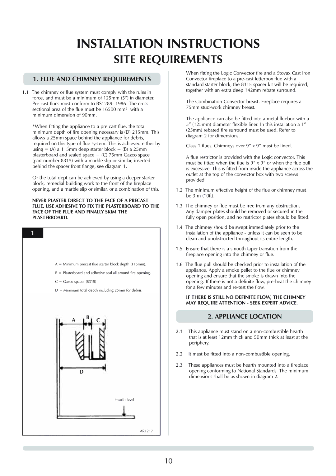 Stovax Logic Hotbox & Convector Fire manual Site Requirements, Flue and Chimney Requirements, Appliance Location 