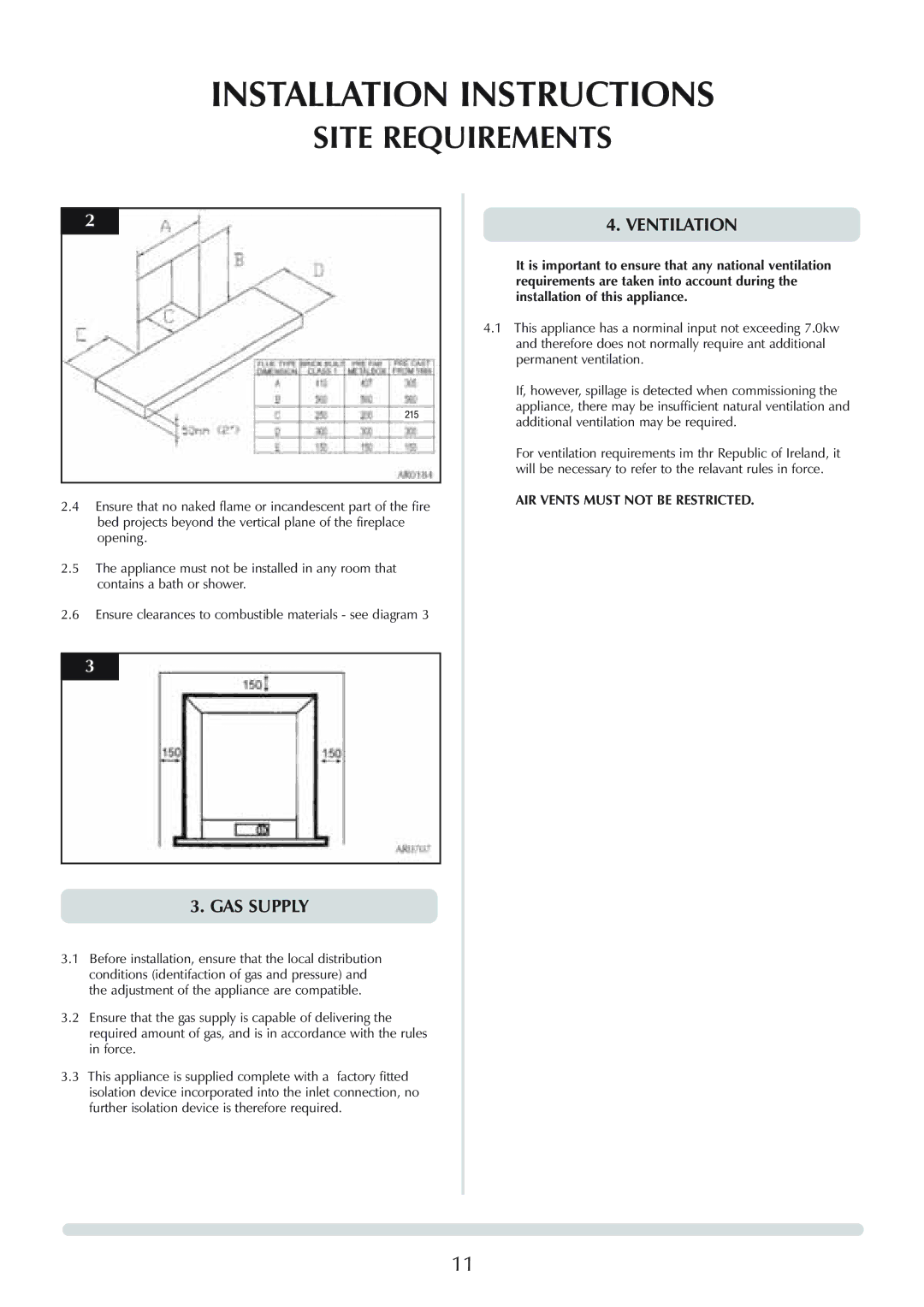 Stovax Logic Hotbox & Convector Fire manual GAS Supply, AIR Vents Must not be Restricted 