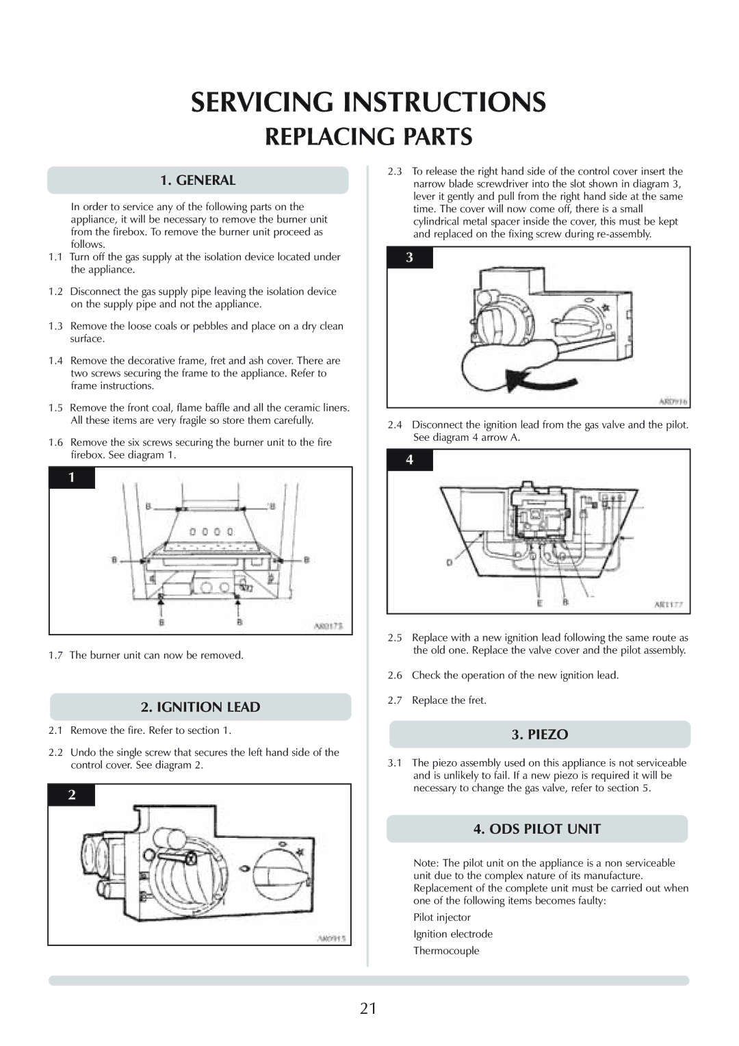 Stovax Logic Hotbox & Convector Fire manual Replacing Parts, Ignition Lead, Piezo, ODS Pilot Unit 