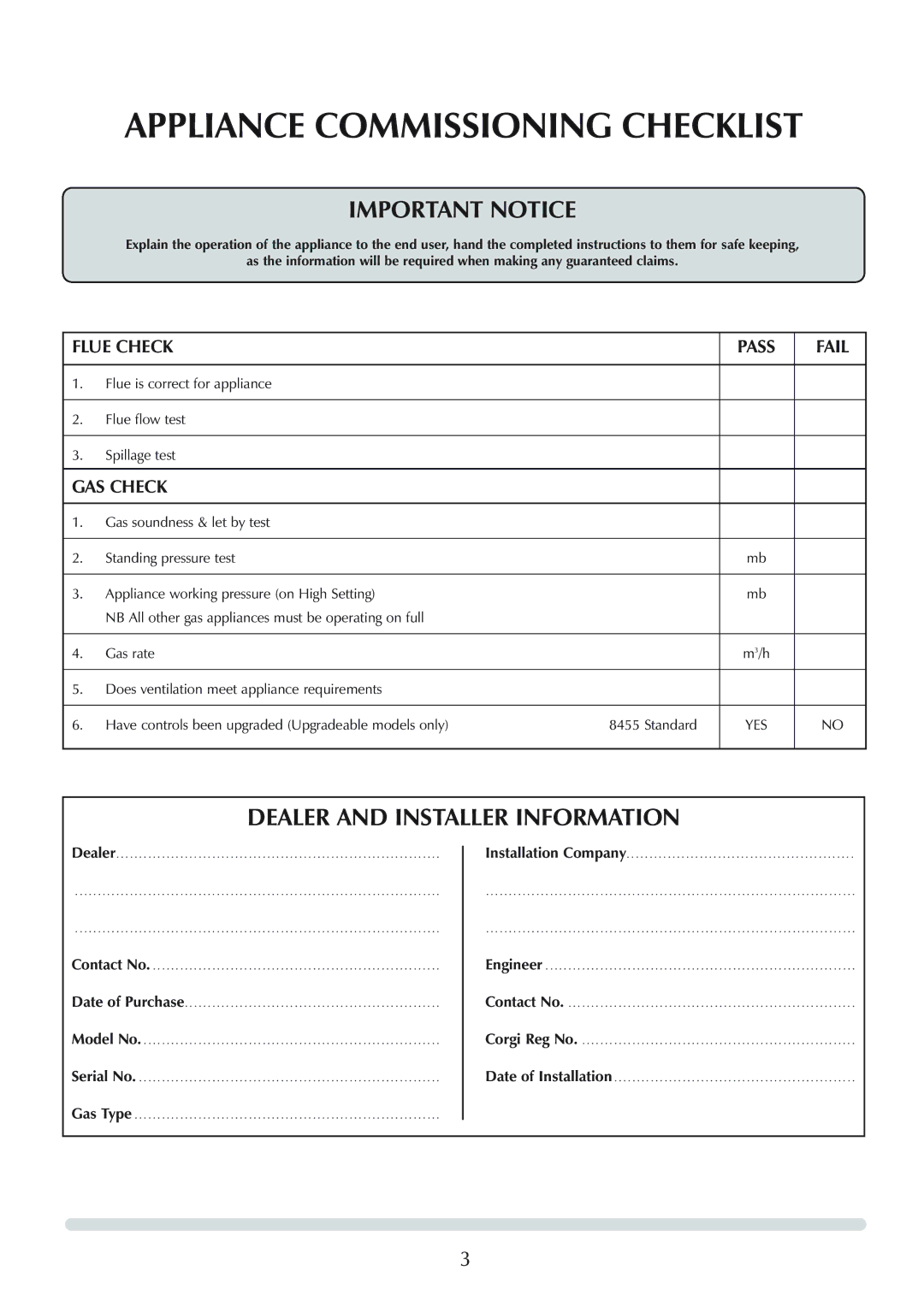 Stovax Logic Hotbox & Convector Fire manual Appliance Commissioning Checklist, Flue Check Pass Fail, GAS Check 