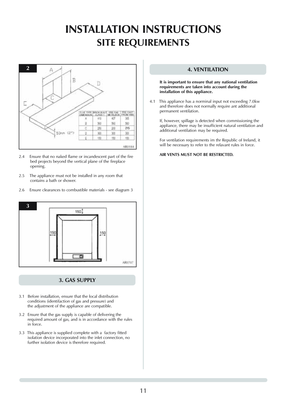 Stovax Logic Hotbox & Convector Fire manual Installation Instructions, Site Requirements, Gas Supply, Ventilation 