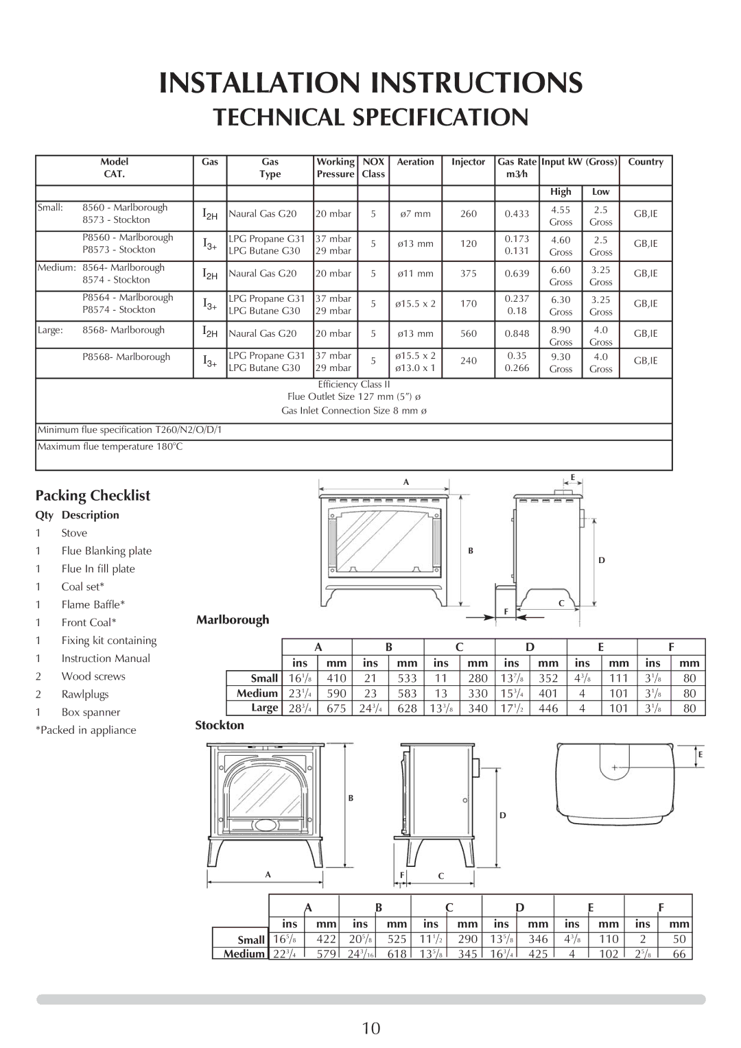 Stovax Marlborough 8560, Stockton 8573, P8564, P8574, P8568, P8573, P8560 Installation Instructions, Technical Specification 